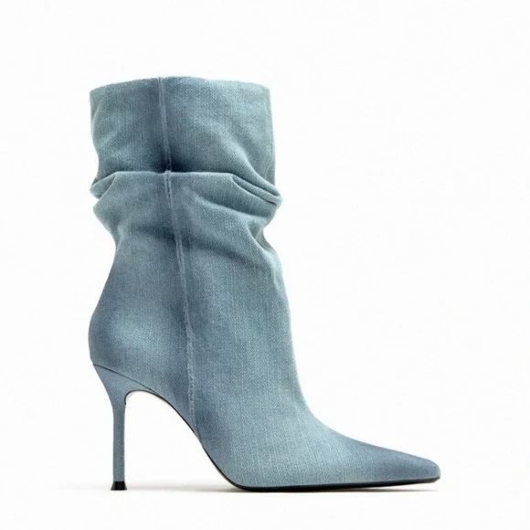 ZARA MID-SHAFT DENIM BLUE ANKLE BOOTS - Picture 1 of 5